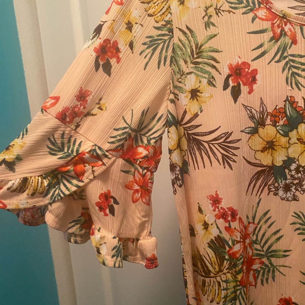 Light Pink Hawaiian Blouse by CURE with Yellow, Red, Orange Flowers Large - Picture 3 of 8